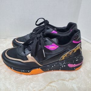 LaSheelah Women's Black Fashion Sneakers Sz 10 Pink Orange Animal Print